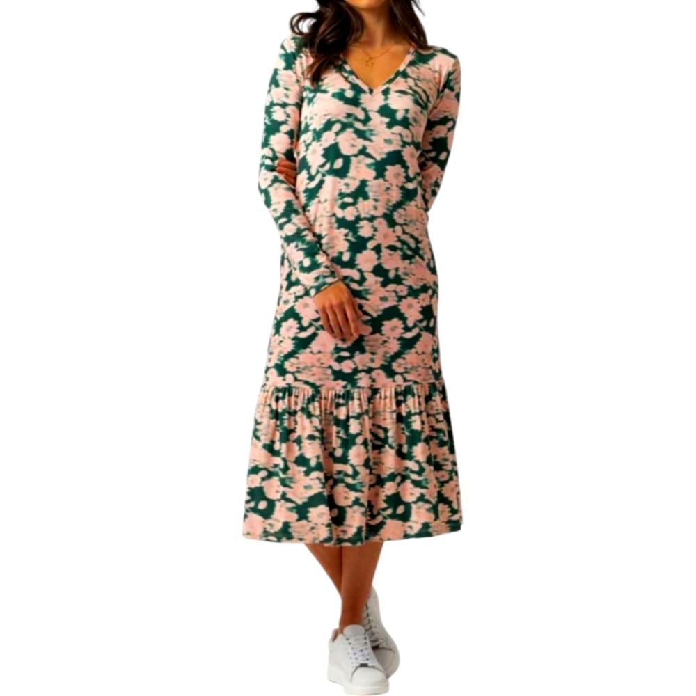 Saint + Sofia‎ Dress Midi Floral Green Pink Long Sleeve Knit Preppy Trad Flowy 4